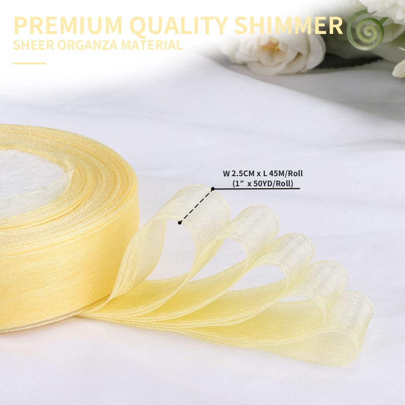 molshine 50 Yards x 1 Inch Shimmer Sheer Organza Ribbon,Chiffon Fabric Ribbons for Bouquets Garland,Bowknot,Wedding,Gift Wrapping,Hair,Crafts,Decoration (Light Yellow) - Image 2